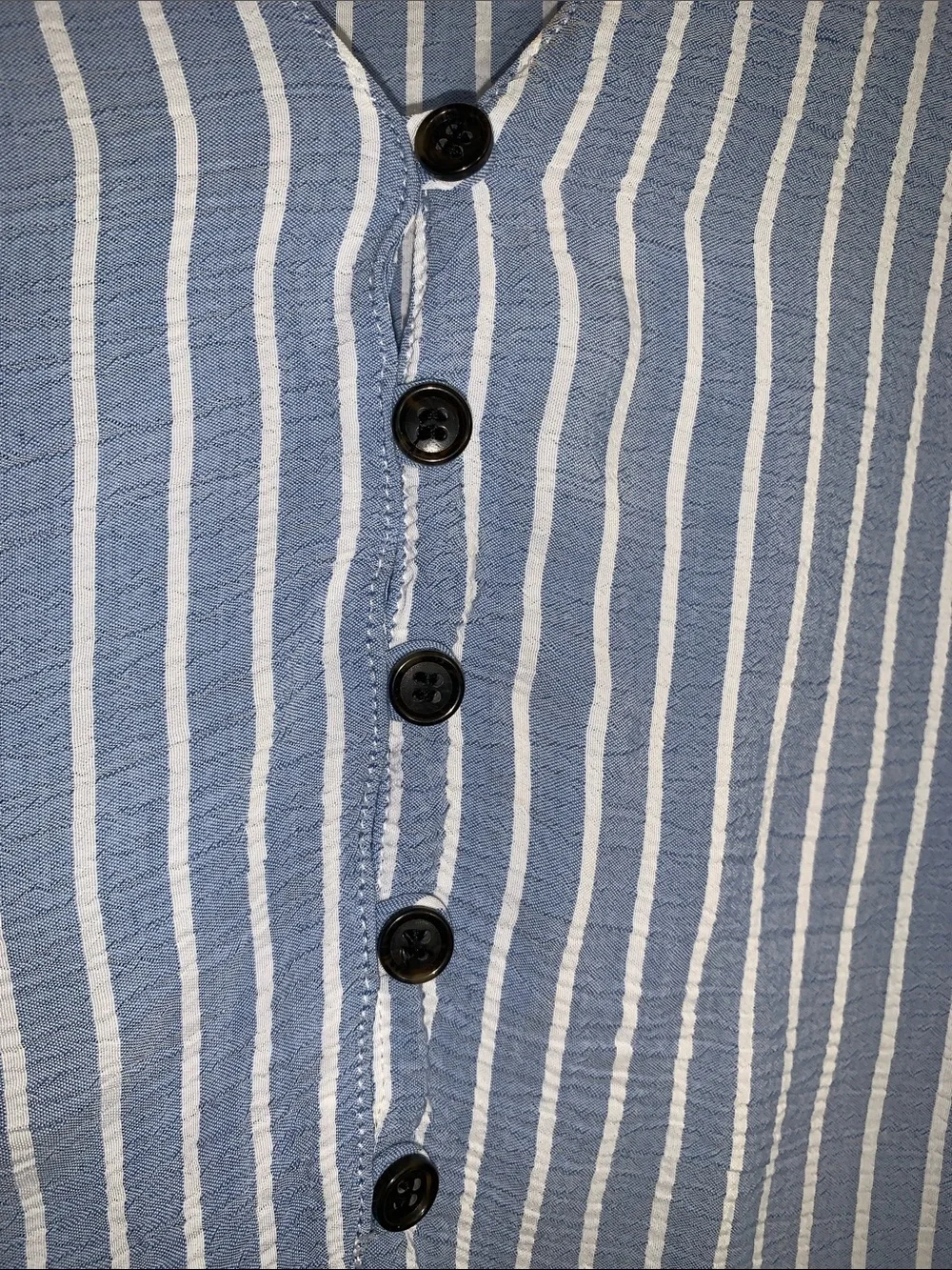 Zara Blue and White Striped Button-Front Puff Sleeve Blouse